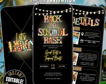 Back To School Bash Party Invitation Digital Download, Tropical End of Summer BBQ Party Invite Editable Canva Template Backyard Party Evite