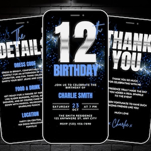 Invitación de cumpleaños número 12 para niños, invitación animada a fiesta de cumpleaños número 12 en azul plateado, plantilla de Canva digital editable, itinerario y tarjeta electrónica de agradecimiento