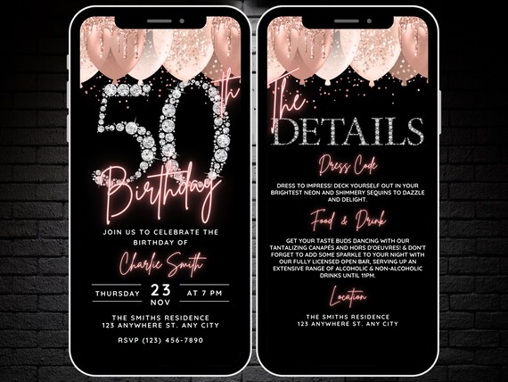 Womens 50th Birthday Invite, Rose Gold Balloon 50th Birthday Party  Invitation for Girls, Editable 50 Fifty Video Evite with Details Page