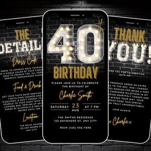 Digitale Einladungskarte zum 40. Geburtstag für Männer, schwarz goldene Einladungsvorlage zum 40. Geburtstag, 40