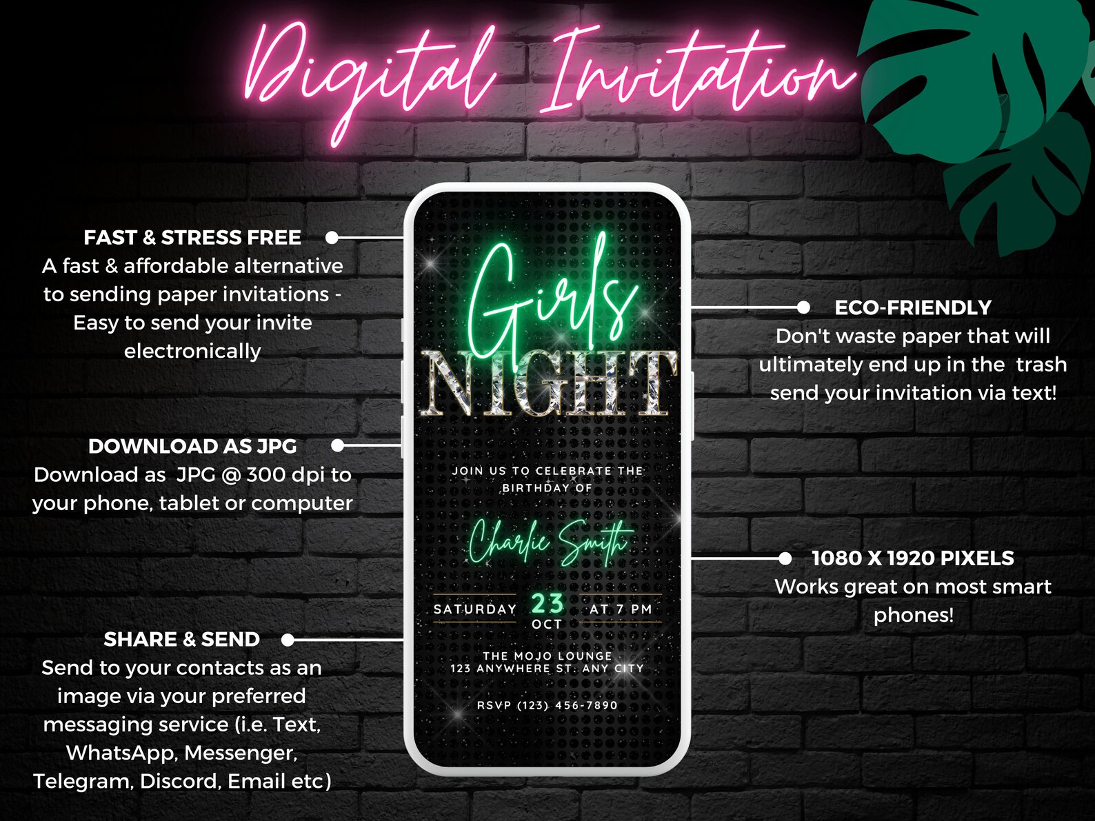 Glam Girls Night Out Digital Invitation, Ladies Birthday Invite Green ...