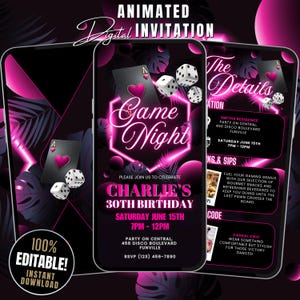 Plantilla de invitación digital para una noche de juegos de cumpleaños, invitación animada rosa neón para adultos, folleto de noche de juegos, tarjeta editable, invitación para fiesta