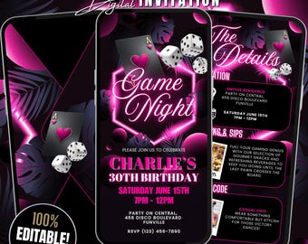 Digital Birthday Game Night Invitation Template, Animated Neon Pink Adult Game Night Invite, Game Night Flyer Editable Card Party Invitation
