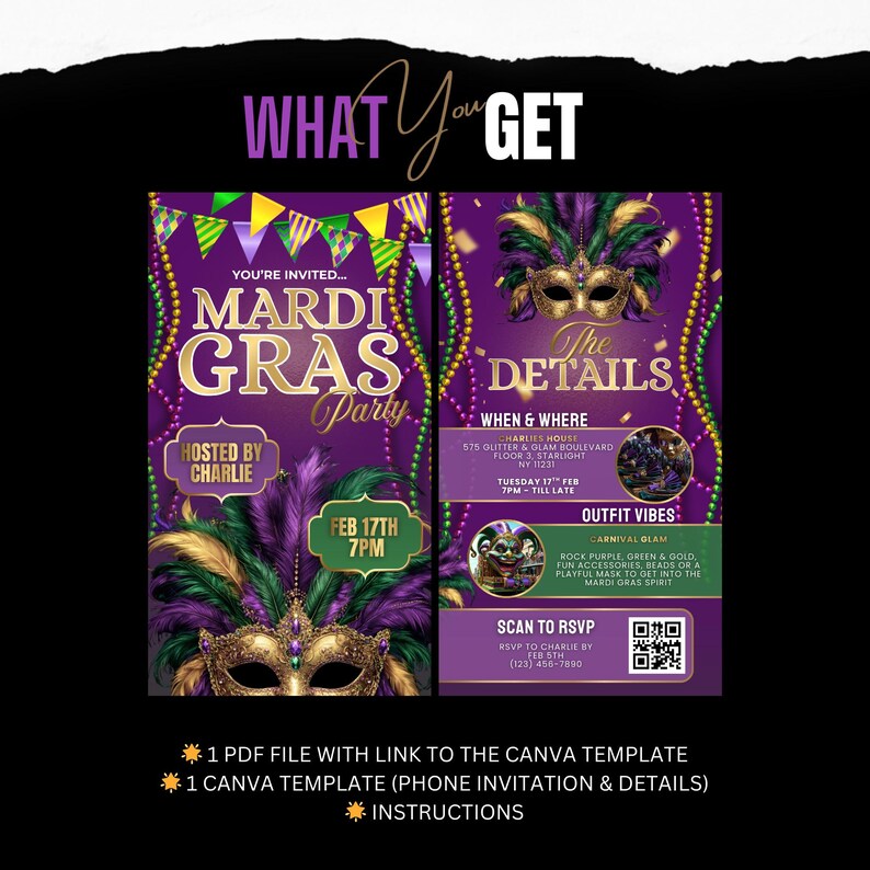 Peut inclure: Invitation pour une f&ecirc;te de Mardi Gras avec un th&egrave;me violet et or. Le design comprend un masque, des plumes et le texte "Mardi Gras Party". Les d&eacute;tails incluent la date, l'heure, le lieu et les informations RSVP.
