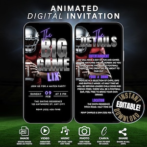 May include: Animated digital invitation for a football watch party. The invitation features a football player in a red jersey and helmet, with the text "The Big Game LIX" in a silver and purple font. The invitation includes details about the party, including the date, time, location, and RSVP information.