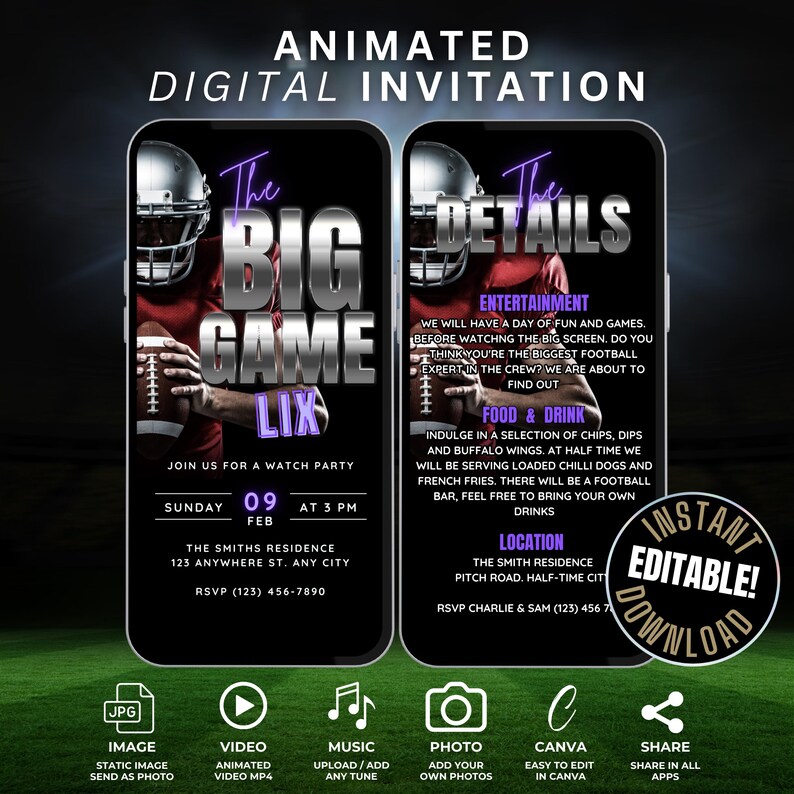 May include: Animated digital invitation for a football watch party. The invitation features a football player in a red jersey and helmet, with the text "The Big Game LIX" in a silver and purple font. The invitation includes details about the party, including the date, time, location, and RSVP information.