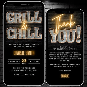Digital Grill & Chill Backyard BBQ Party Invitation Template, Birthday BBQ Invite for Phone, Animated Summer Cookout Evite, Thank You eCard