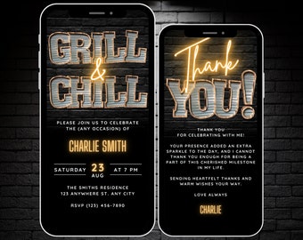 Modelo de convite para festa de churrasco digital Grill & Chill Backyard, convite para churrasco de aniversário para telefone, convite animado para churrasco de verão, cartão eletrônico de agradecimento
