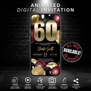 Invitation vidéo numérique 60e anniversaire pour homme, carte d'invitation animée anniversaire ballon bordeaux jalon, animation soixante invite hommes
