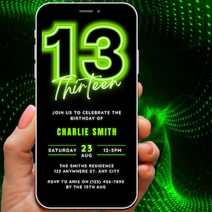 Animated 13th Birthday Invitation, 13th Digital Invite for Boy, 13 yr old Bday Video Invitation, Neon Invite Template, Mobile Phone Evite