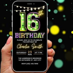 Editable 16th Birthday Invitation Template Digital Invite for Girls, 16th Birthday Invite, Marquee Fiesta Fun 16 Year Old Bday Party Evite