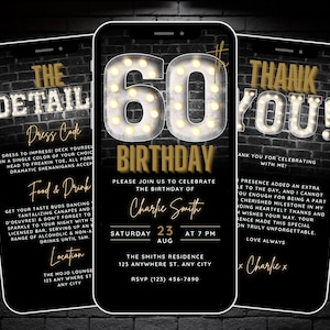 60th Birthday Invite for Men, 60th Digital Invitation Black Gold Invitation Canva Template, Sixty Bday Party Phone Invite & Details, Evite