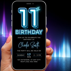 Digital 11th Birthday Invitation for Boys Girls, 11th Birthday Invite Editable Template, Teen Invites Neon Blue 11 year old Phone Evite