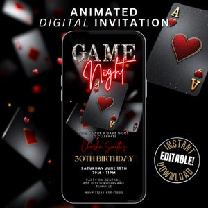 Modèle numérique d'invitation à une soirée de jeu d'anniversaire, invitation à une soirée de poker animée rouge noir et or, Flyer de soirée de jeux de casino modifiable