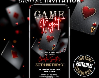 Digital Birthday Game Night Invitation Template, Animated Red Black & Gold Poker Night Party Invite, Casino Game Night Flyer Editable