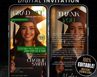 Digital Graduation Invitation Template, Editable Graduation Magazine Announcement Evite, Masters Degree, Class of 2025 Grad Party Invites