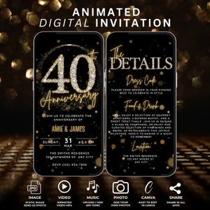 May include: A digital invitation for a 40th anniversary party. The invitation features a gold number 40 with sparkling diamonds, a black background, and gold text. The text includes the details of the event, such as the date, time, location, and dress code. The invitation also includes icons for image, video, music, photo, Canva, and share.