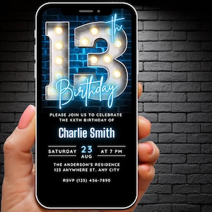 Digital 13th Birthday Invitation for Boys Girls, 13th Birthday Invite Editable Template, Teenager Invites Neon Blue 13 year old Phone Evite