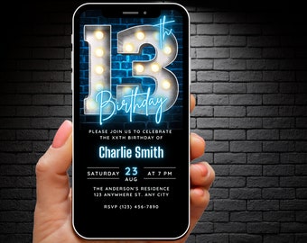 Digital 13th Birthday Invitation for Boys Girls, 13th Birthday Invite Editable Template, Teenager Invites Neon Blue 13 year old Phone Evite