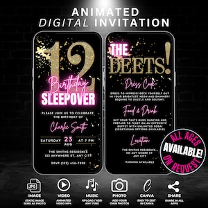 May include: A digital invitation for a 12th birthday sleepover party. The invitation is designed to look like a smartphone screen with a pink neon sign that says "Birthday Sleepover". The invitation includes the date, time, location, and dress code for the party. The invitation also includes a section for "The Deets!" which includes information about the food and drinks that will be served at the party. The invitation is decorated with gold glitter and confetti.