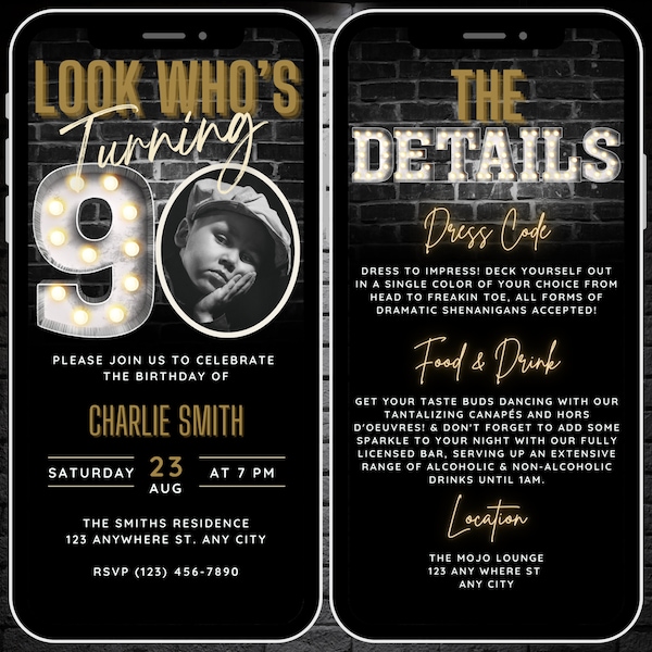 Mens 90th Birthday Invitation with Photo, Look Who's Turning 90, Digital 90th Invite Template, Ninety Party Evite, Phone Invite & Details