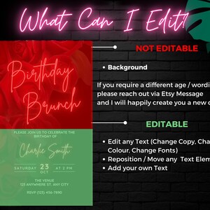 Pu&ograve; includere: Modello di invito per un brunch di compleanno modificabile con uno sfondo di rose rosse. Il testo dice "Birthday Brunch" in lettere rosa neon. L'invito include il nome "Charlie Smith", la data "sabato 23 ottobre", l'ora "14:00", il luogo "123 Anywhere St., Any City", e il numero di RSVP "(123) 456-7890".