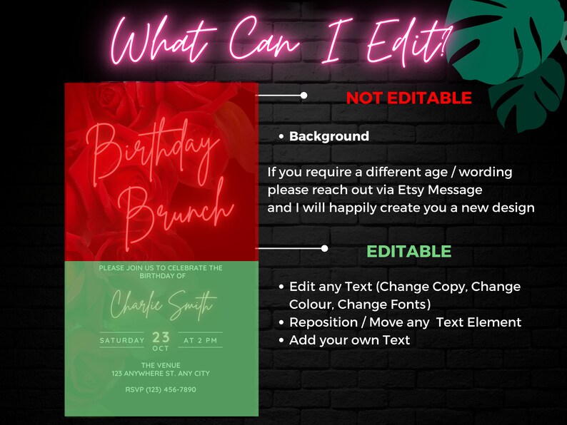 Pu&ograve; includere: Modello di invito per un brunch di compleanno modificabile con uno sfondo di rose rosse. Il testo dice "Birthday Brunch" in lettere rosa neon. L'invito include il nome "Charlie Smith", la data "sabato 23 ottobre", l'ora "14:00", il luogo "123 Anywhere St., Any City", e il numero di RSVP "(123) 456-7890".