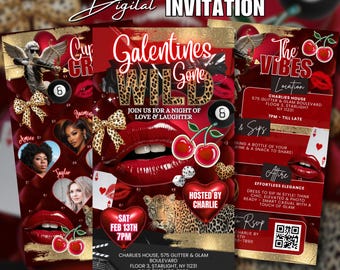 Digital Cheetah Galentines Day Party Invitation Template Gold Red Galentines Gone Wild Girls Night Invite Leopard Print Flyer Self Edit