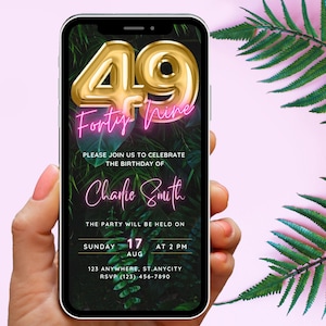 Digital 49th Birthday Party Invitation Template, Neon Pink Tropical theme invite, Phone Invite, Pink Tropical, Virtual Invitation, Evite
