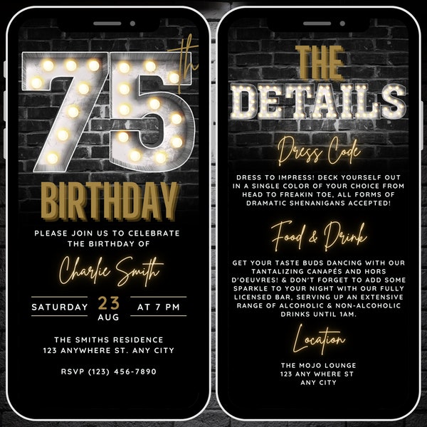 Mens 75th Birthday Invitation, 75th Digital Invite Black Gold Invite Canva Template, Smartphone Invite & Details, Custom Mobile Invite Evite
