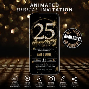 Digital 25th Wedding Anniversary party Invitation featuring a sparkling diamond number 25 with gold text. This is a self editable canva template available for instant download