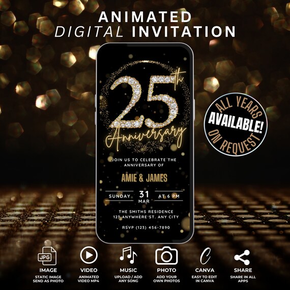 Digital 25th Wedding Anniversary Party Invitation, Animated Elegant Black Gold Invite, Silver Wedding Anniversary, We Still Do, Vow Renewal