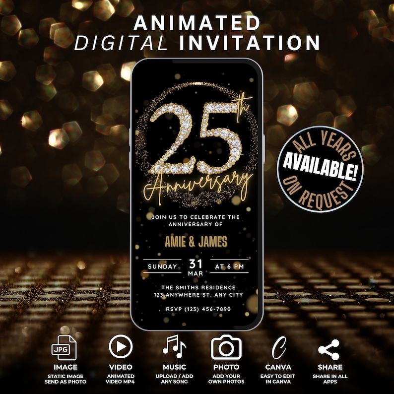 Digital 25th Wedding Anniversary party Invitation featuring a sparkling diamond number 25 with gold text. This is a self editable canva template available for instant download