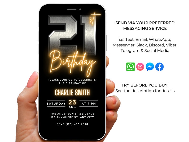 Mens 21st Birthday Invitation Template Download, 21st Birthday Invite for Him, Rustic Retro 21 Discrete Simple Digital Editable Mobile Evite image 4