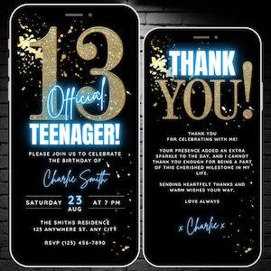 Girls Animated Official Teenager Invite, 13th Birthday Invitation Boy Video Invite Digital 13 Bday Party Evite Template & Thank You eCard