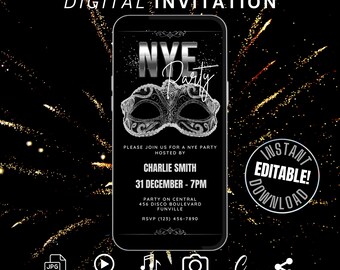 May include: A digital invitation for a New Year's Eve party with a silver mask and fireworks in the background. The text reads "NYE Party" and includes the date, time, location, and RSVP information. The invitation is customizable with images, videos, music, and photos.
