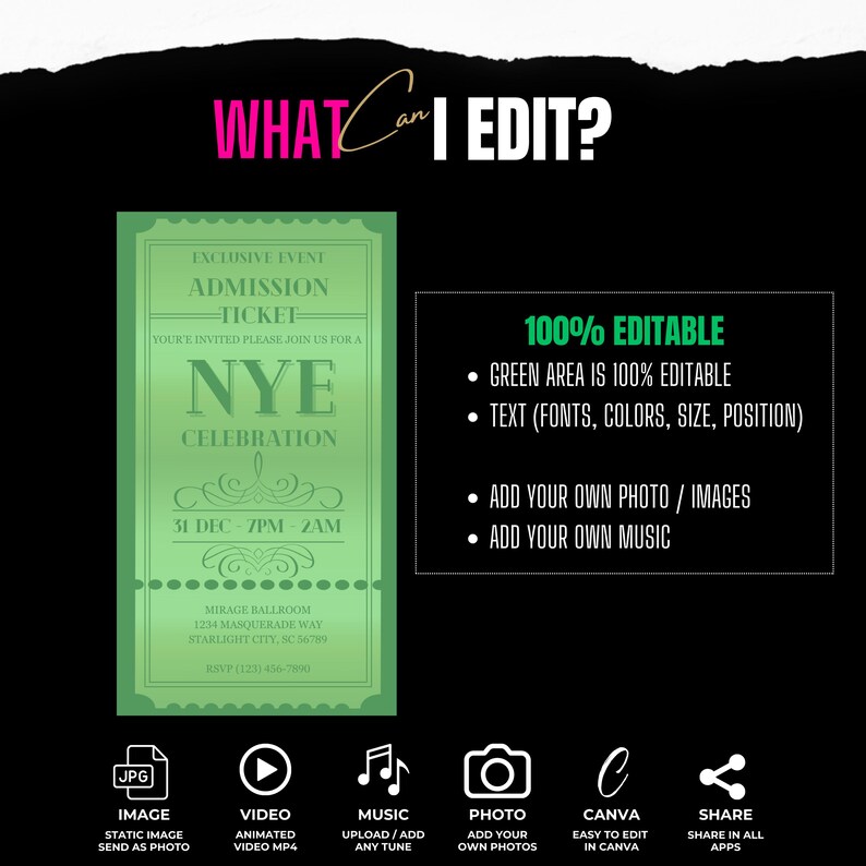 Puede incluir: Una plantilla de invitaci&oacute;n a una fiesta de Nochevieja verde y blanca con el texto "Evento exclusivo Boleto de admisi&oacute;n" y "Celebraci&oacute;n de A&ntilde;o Nuevo". La plantilla es 100% editable y te permite agregar tus propias fotos, m&uacute;sica y texto.