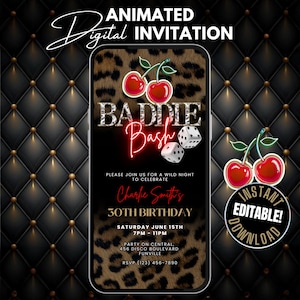 Birthday Baddie Bash Cheetah Print Birthday Dinner Invitation Template, Animated Red Cherry Girls Night Invite, Glam Party Invite Leopard