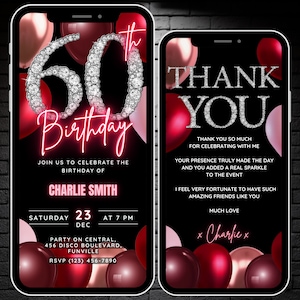 Womens 60th Digital Birthday Invitation Template, Self Edit Animated Red Berry Balloon 60th Birthday Invite, Sixty Diamond E Invite Evite