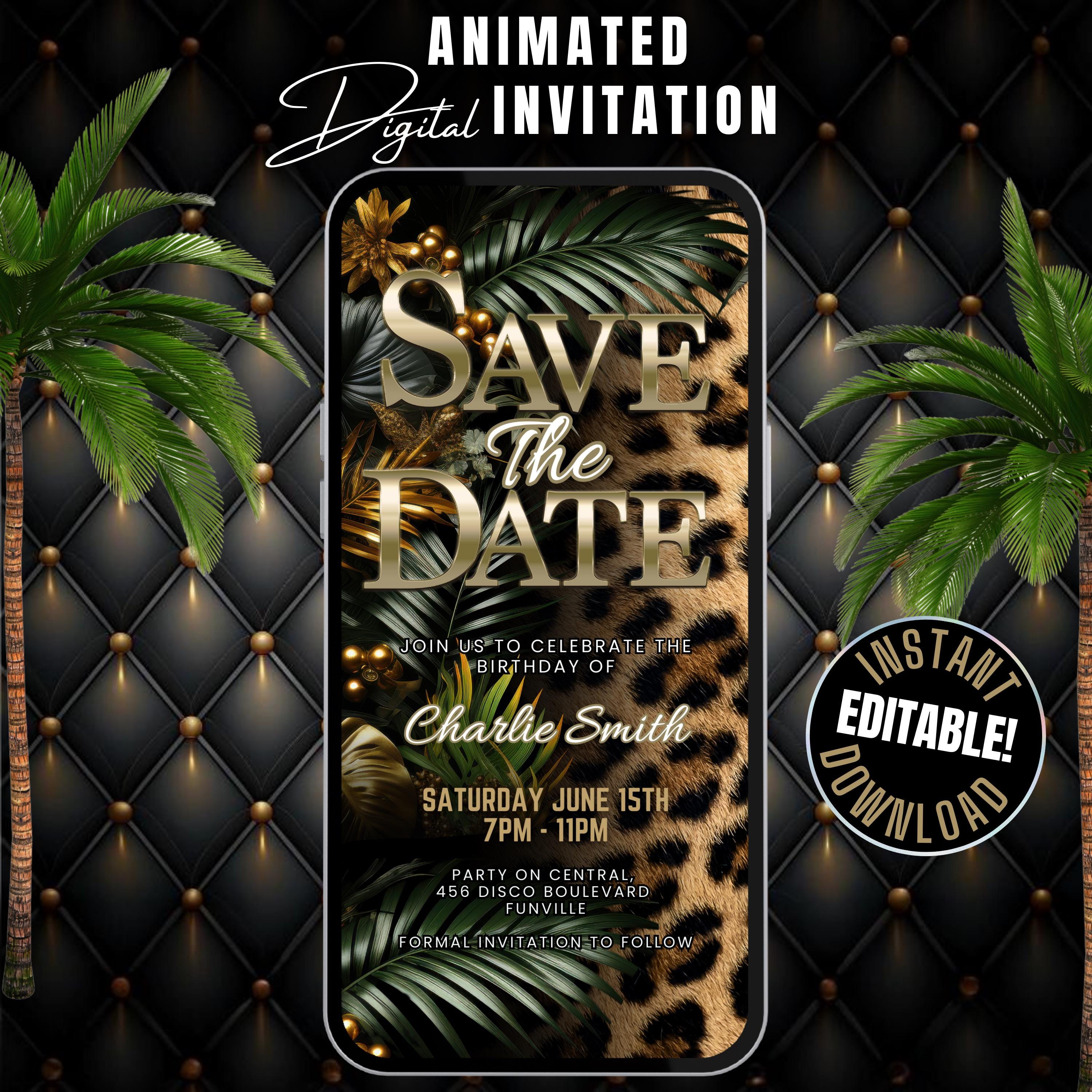 Digital Leopard Print Save the Date Invitation Template, Editable