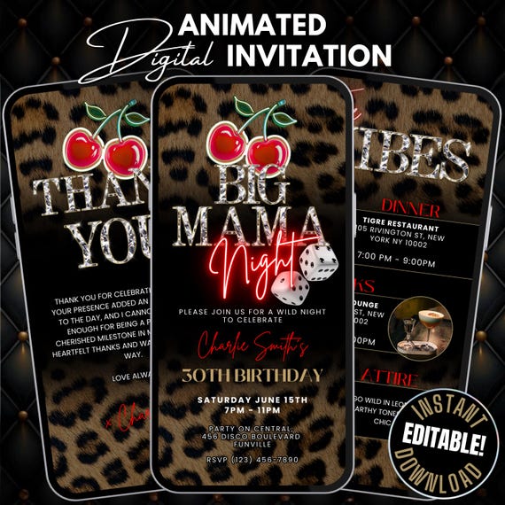 Big Mama Cheetah Print & Cherry Girls Night Birthday Dinner and Drinks Invitation Template, Animated Red and Gold Invite Leopard Print Flyer