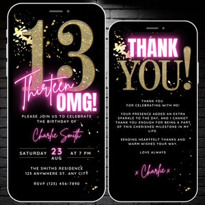Mädchen zum 13. Geburtstag Einladungsvorlage, Digital Thirteen OMG Geburtstag Videoeinladung & Dankeskarte, 13 Jahre alte personalisierte Einladung