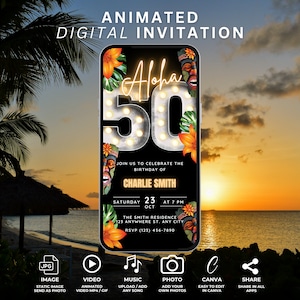Invitación de cumpleaños número 50 de Aloha, invitación animada para el número 50, invitación de Hello 50, invitación de fiesta tropical Tiki para hombres, invitación para teléfono móvil con barbacoa de cumpleaños