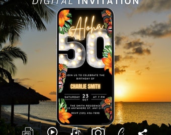 Aloha 50 Birthday Invitation, Animated 50th Invite, Hello 50 Invitation, Tropical Tiki Party Evite for Men, Birthday BBQ Mobile Phone Invite