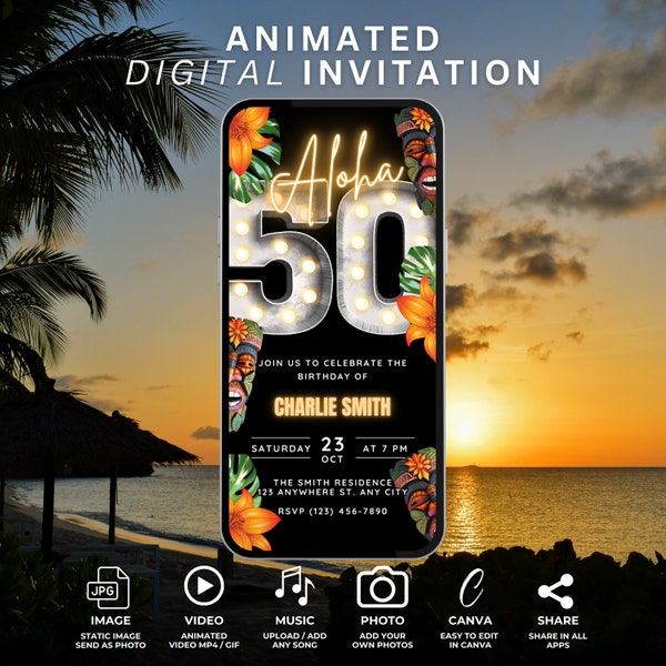 Aloha 50 Birthday Invitation, Animated 50th Invite, Hello 50 Invitation, Tropical Tiki Party Evite for Men, Birthday BBQ Mobile Phone Invite