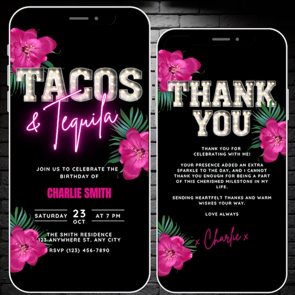 Tacos & Tequila Invitation, Birthday Video Invite, Pink Tropical Party Evite, Birthday BBQ Custom Phone Invite, Editable Canva Template
