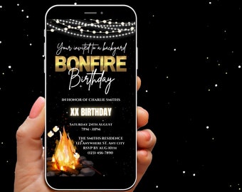 Animated Bonfire Birthday Invitation, bonfire bash invite, Backyard Party Dance Fest. Fall Festival Invite, Digital backyard bonfire invite
