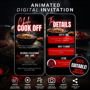 Puede incluir: Invitación digital animada para un concurso de chili. La invitación presenta un esquema de color rojo y negro con una foto de un tazón de chili. El texto de la invitación incluye la fecha, la hora, la ubicación y qué llevar. La invitación también incluye una opción 100% editable y de descarga instantánea.
