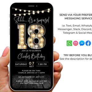 May include: A black and white digital phone screen with a birthday invitation. The invitation features a rustic wooden background with a gold number 18 surrounded by light bulbs. The text reads "Shhh... it's a surprise! Join us to celebrate Charlie's Birthday. Saturday 07 Oct 7:00 PM. Please be on time! Charlie arrives at 7:20 PM. 123 Anywhere St. Any City. Kindly RSVP to Pam by Oct 1st via text (123) 456-7890."