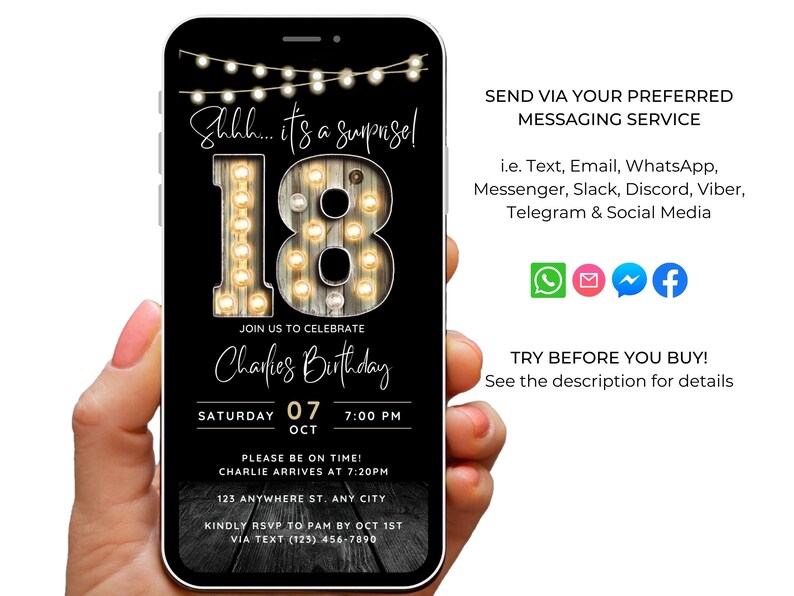 May include: A black and white digital phone screen with a birthday invitation. The invitation features a rustic wooden background with a gold number 18 surrounded by light bulbs. The text reads "Shhh... it's a surprise! Join us to celebrate Charlie's Birthday. Saturday 07 Oct 7:00 PM. Please be on time! Charlie arrives at 7:20 PM. 123 Anywhere St. Any City. Kindly RSVP to Pam by Oct 1st via text (123) 456-7890."